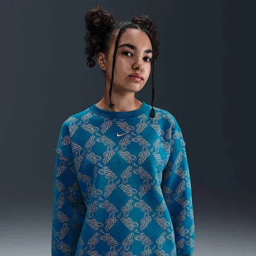 Nike Sportswear Club Fleece Big детские (Girls') оверсайз Printed Crewneck свитшот синий