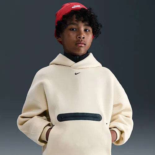 Nike Sportswear Tech Fleece Big детские (для мальчиков) оверсайз Pullover Толстовка с капюшоном цвет коричневый