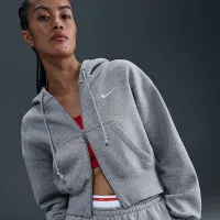 Nike Sportswear Phoenix Fleece женская Loose Full-Zip Cropped Толстовка с капюшоном цвет серый
