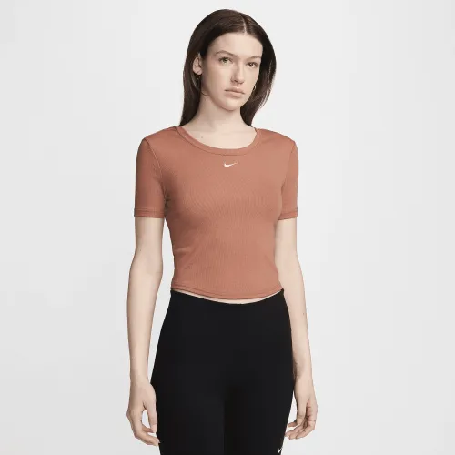 Nike Sportswear Chill Knit жіноча Tight Scoop-Back Short-Sleeve Mini-Rib Top колір коричневий