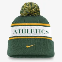Oakland Athletics Team Stripe Peak чоловічі Nike MLB Cuffed Pom Beanie колір зелений