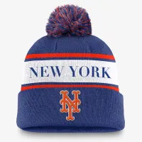 New York Mets Team Stripe Peak мужские Nike MLB Cuffed Pom Beanie синий