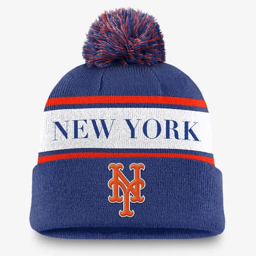 New York Mets Team Stripe Peak мужские Nike MLB Cuffed Pom Beanie синий