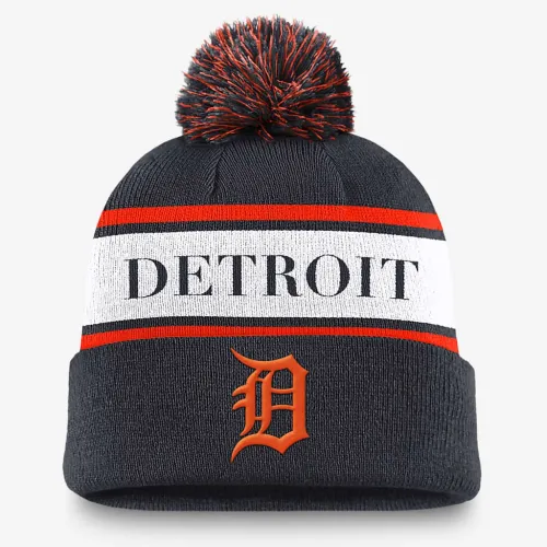 Detroit Tigers Team Stripe Peak мужские Nike MLB Cuffed Pom Beanie синий
