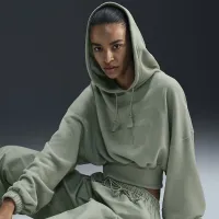 Nike Sportswear женская оверсайз Cropped French Terry Pullover Толстовка с капюшоном цвет зеленый