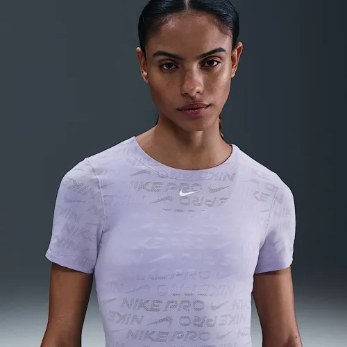 Nike Pro женская Dri-FIT Short-Sleeve Cropped Jacquard Top цвет фиолетовый