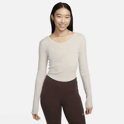 Nike Sportswear Chill Knit жіноча Tight Scoop-Back Long-Sleeve Mini-Rib Top колір коричневий
