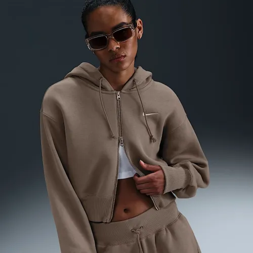 Nike Sportswear Phoenix Fleece женская Loose Cropped Full-Zip Толстовка с капюшоном цвет коричневый
