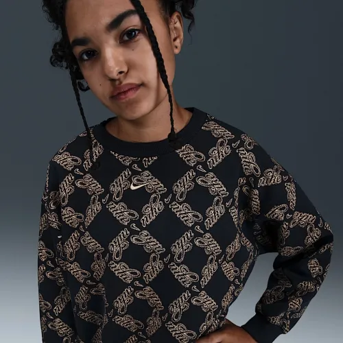 Nike Sportswear Club Fleece Big детские (Girls') оверсайз Printed Crewneck свитшот цвет черный